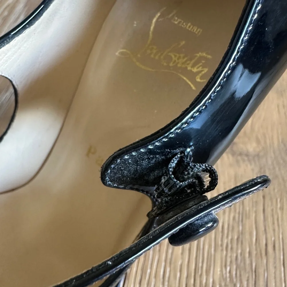Authentic Christian Louboutin Black Patent Mary Jane Peep Toe Platform Heels